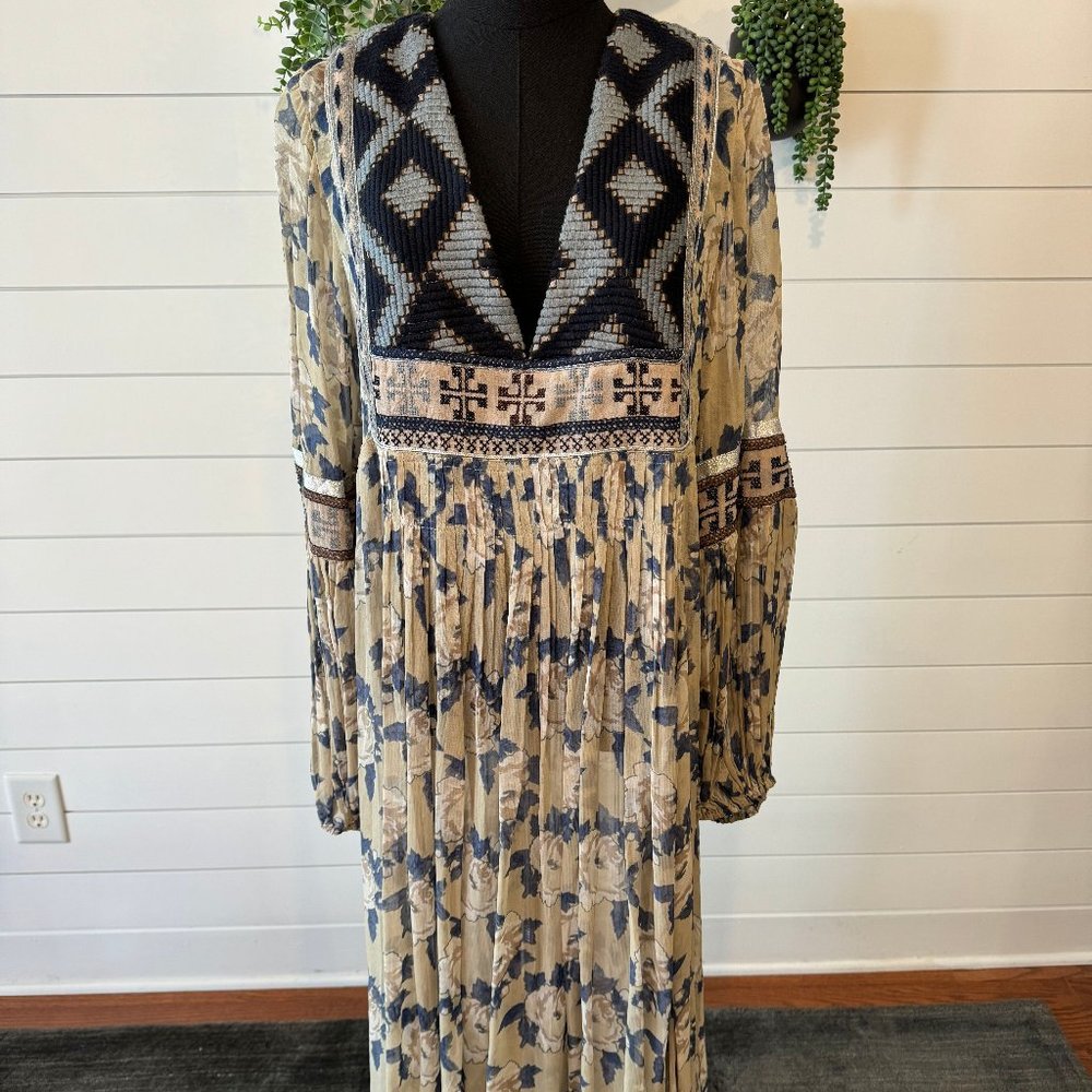 Free People Beige Floral Maxi Dress with Navy Embroidered V-Neck